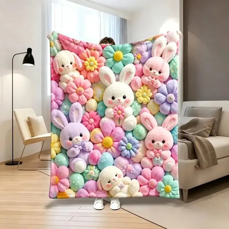 Pastel Floral Print Teddy 2D-Style Plush Throw Blanket, Super Soft Lightweight All-Season Bedding, Cute Kawaii Kids' Bedroom Decor, Holiday Birthday Christmas Gift for Children