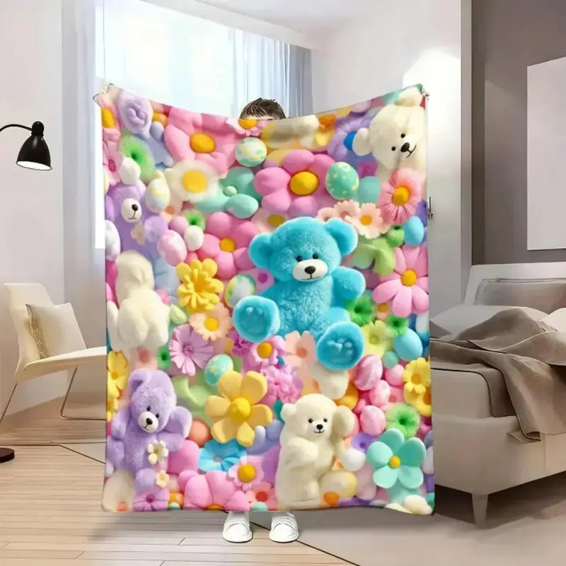 Pastel Floral Print Teddy 2D-Style Plush Throw Blanket, Super Soft Lightweight All-Season Bedding, Cute Kawaii Kids' Bedroom Decor, Holiday Birthday Christmas Gift for Children