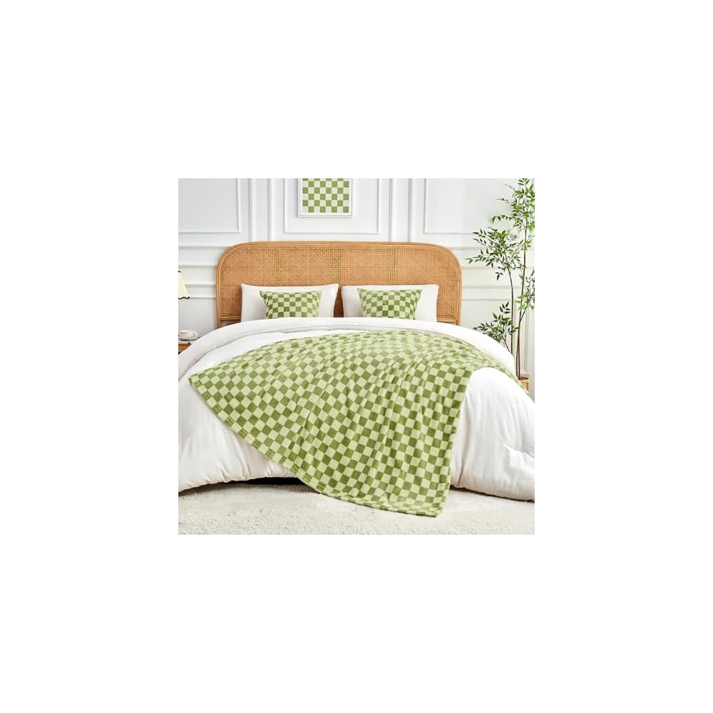 Checkered Flannel Fleece Throw Blanket Soft Cozy Checkerboard Grid Print Chessboard Gingham Pattern Blankets for Bed Couch Sofa, 50"x60", Sage Green