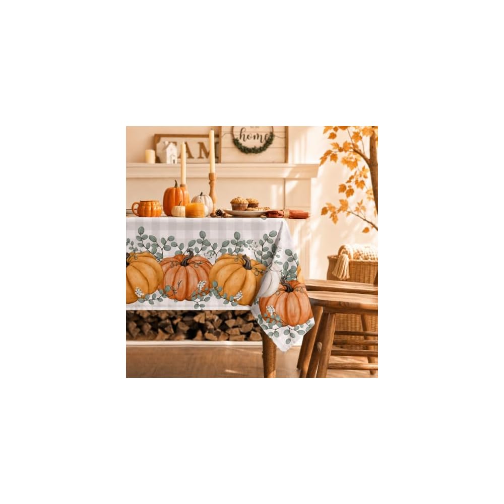 Fall Tablecloth 60x84 Inch Rectangular, Thanksgiving Autumn Harvest Blue Pumpkin Buffalo Plaid Table Cover for Party Picnic Dinner Decor