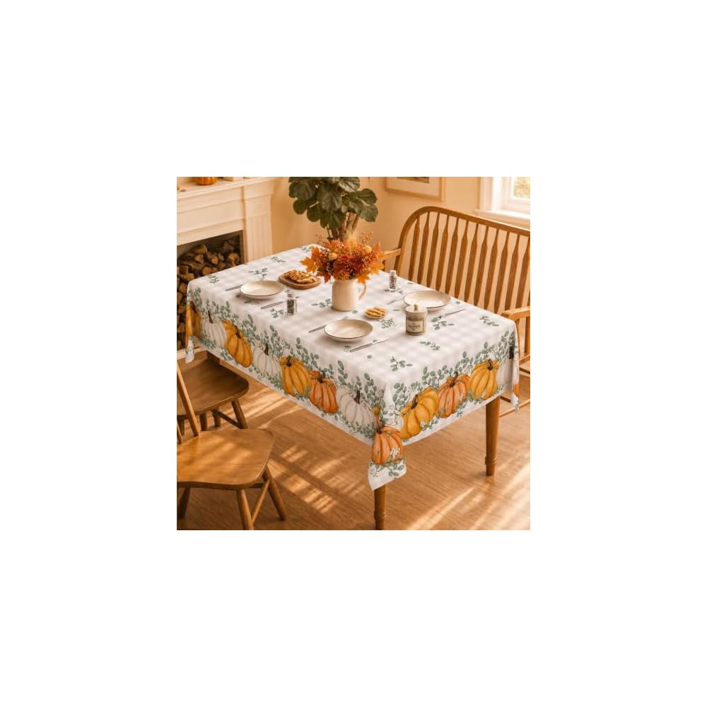 Fall Tablecloth 60x84 Inch Rectangular, Thanksgiving Autumn Harvest Blue Pumpkin Buffalo Plaid Table Cover for Party Picnic Dinner Decor