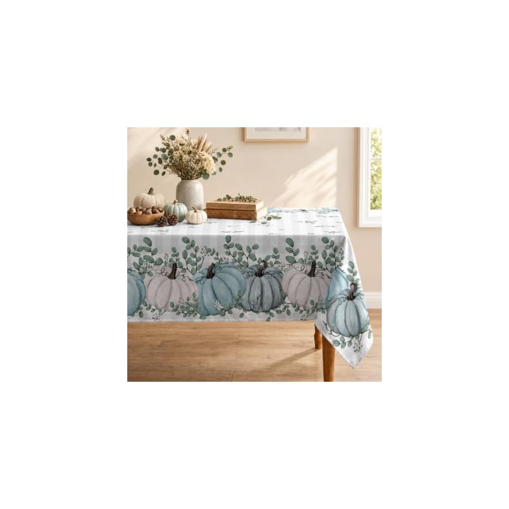 Fall Tablecloth 60x84 Inch Rectangular, Thanksgiving Autumn Harvest Blue Pumpkin Buffalo Plaid Table Cover for Party Picnic Dinner Decor