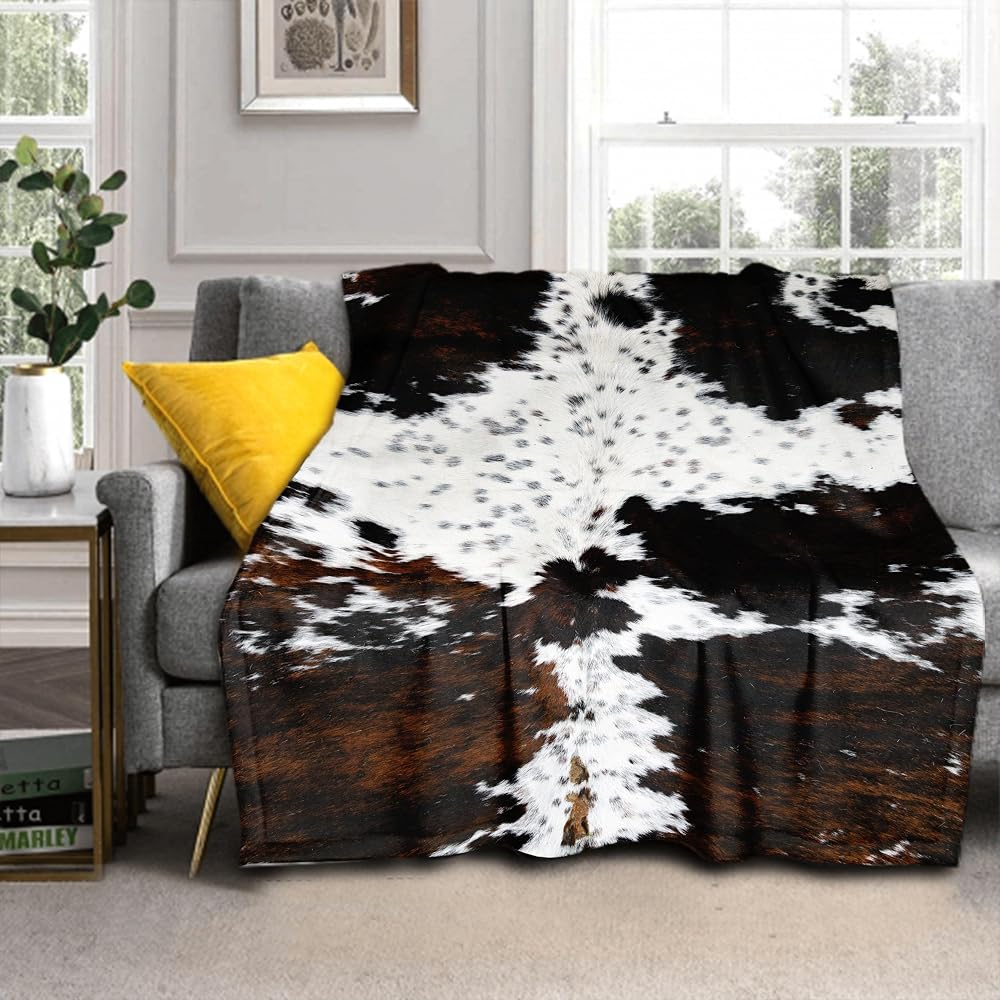Cow Print Blanket Soft Flannel Lightweight Cowhide Western Throw Blanket Cozy Warm White Brown Cow Blankets All Seasons Living Room Decor for Couch Chair Bed Sofa Office 60x80 inch