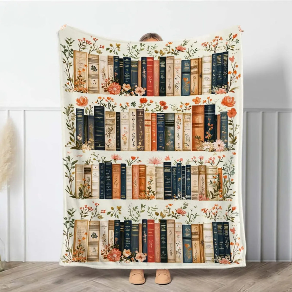 Vintage Bookshelf Library Fleece Blanket Throw - Floral Print Cottagecore Home Decor, Edge-to-Edge Full Print Fluffy Sherpa Back, Cozy All-Season Cover for Bedroom Sofa, Personalized Gift for Book Lovers