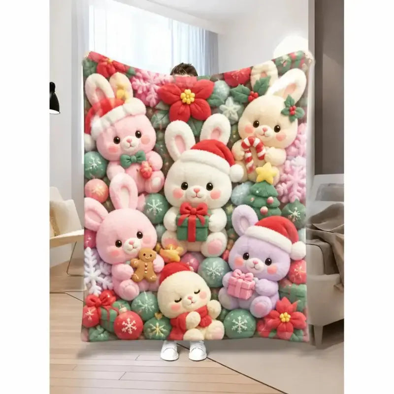 Pastel Floral Print Teddy 2D-Style Plush Throw Blanket, Super Soft Lightweight All-Season Bedding, Cute Kawaii Kids' Bedroom Decor, Holiday Birthday Christmas Gift for Children