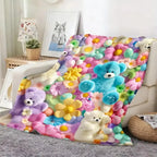Pastel Floral Print Teddy 2D-Style Plush Throw Blanket, Super Soft Lightweight All-Season Bedding, Cute Kawaii Kids' Bedroom Decor, Holiday Birthday Christmas Gift for Children