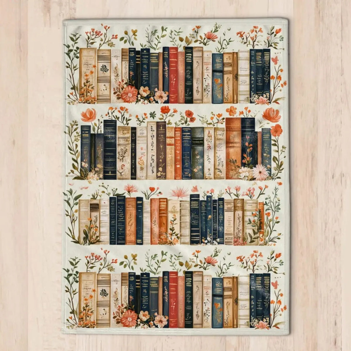 Vintage Bookshelf Library Fleece Blanket Throw - Floral Print Cottagecore Home Decor, Edge-to-Edge Full Print Fluffy Sherpa Back, Cozy All-Season Cover for Bedroom Sofa, Personalized Gift for Book Lovers